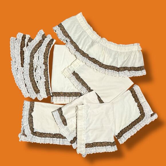 70s Vintage Cream Brown Gold Floral Ruffle Lace Hippy Curtain Valance 15PC SET - Picture 7 of 9